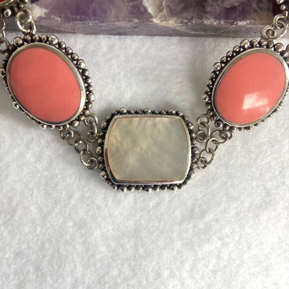 Sterling Silver 925 Chunky Mother Of Pearl Pink Red Rolo Chain Panel Necklace - Picture 4 of 16